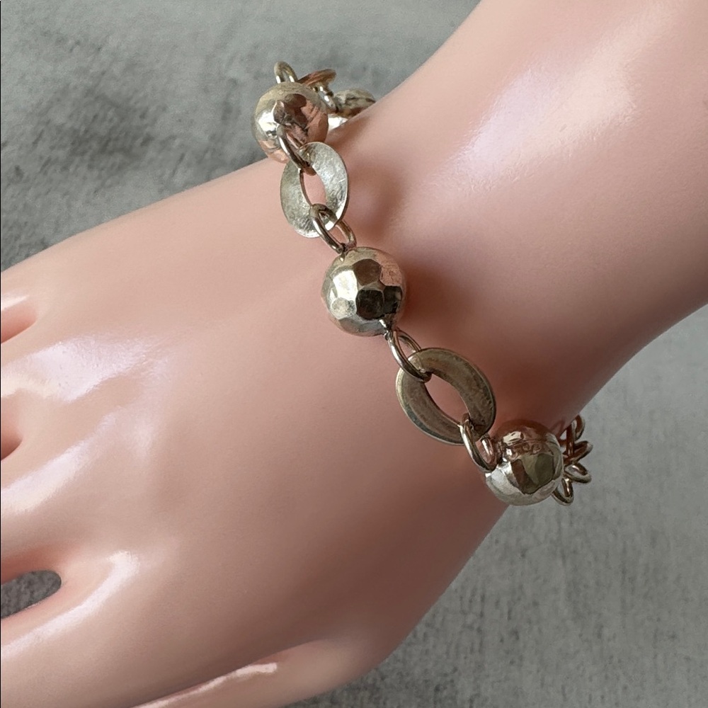 Gorgeous Beaded Hammered Bracelet Sterling Silver 925 Mexico Toggle Clasp